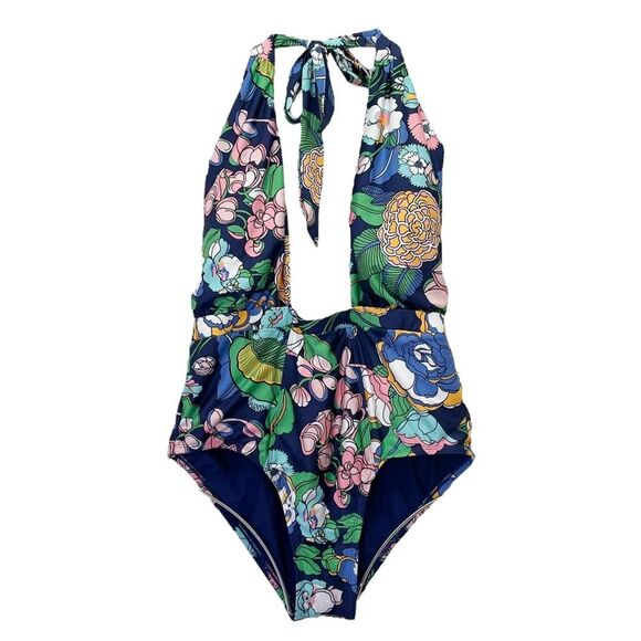 NEW ModCloth The Bethany One-Piece Swimsuit Size Large Navy Floral Plunge Halter - Picture 4 of 14